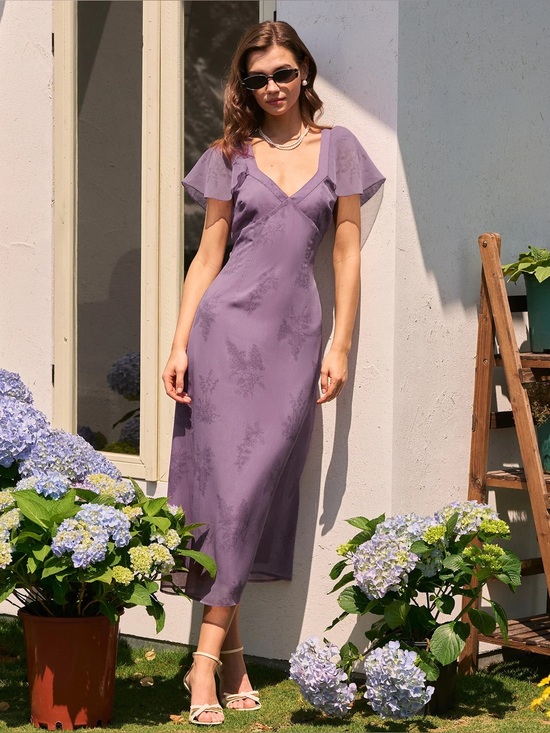 RIHOAS Dresses & Skirts - Rihoas Purple V Neck Butterfly Sleeve Floral Midi Dress